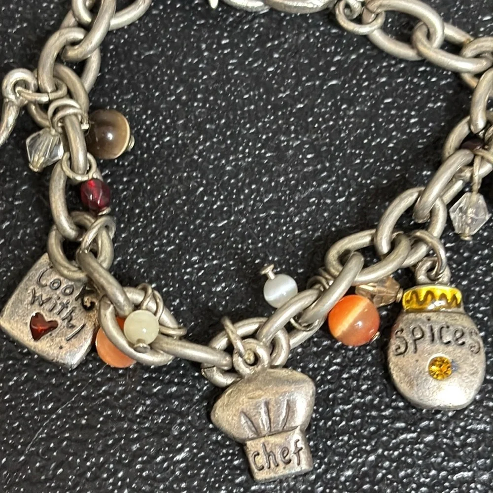 Vintage AJMC Charm Chef Spices Pan Hat Heart Silver Tone Chain Link Bracelet